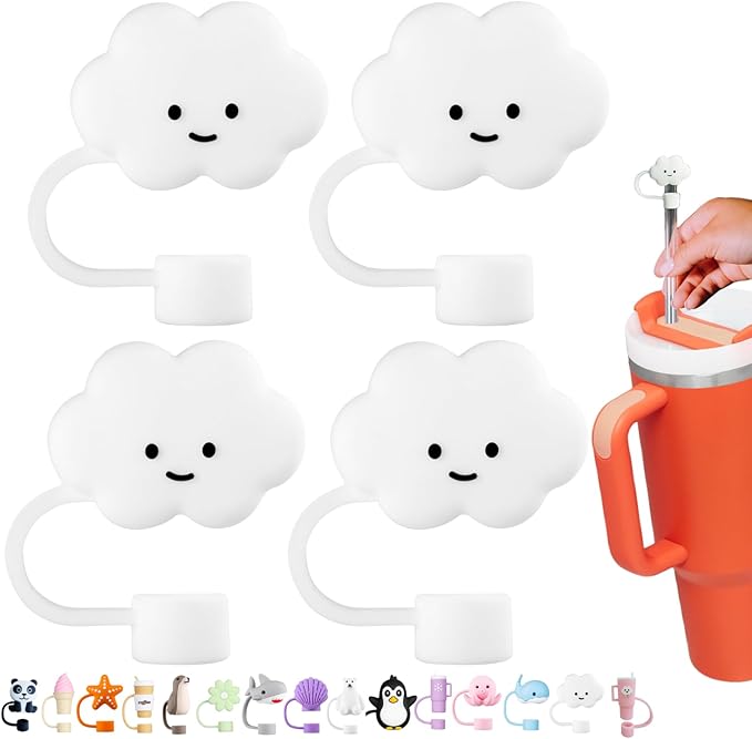 4Pcs Straw Cover Cap for Stanley 40oz Cup, Reusable Cloud Shape Straw Toppers, Food Grade Drinking Straw Tips, Silicone Straw Plugs, Anti-Dust Straw Cap for 0.4 Inch10 MM Diameter, White