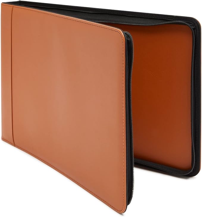 7-Ring Business Check Binder with Zipper for Checkbooks Organization, Brown Zippered Portfolio Organizer, Professional PU Leather Folder Holder for Documents, Cards (15 x 11 x 0.01 inches)