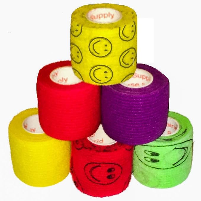 2 Inch Self Adhesive Medical Bandage Wrap Sport Tape (Purple, Yellow, Red and Smiles on Yellow, Red, Green) (6 Rolls) Strong Elastic Self Adherent Flex Rolls for Wrist Ankle Knee Sprains Swelling