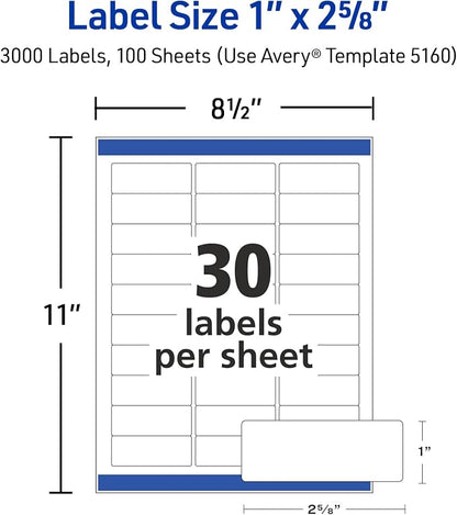Avery Easy Peel Printable Address Labels with Sure Feed, 1" x 2-5/8" Customizable Stickers, White, 3,000 Blank Mailing Labels, Great for Mailing, Shipping, and More (5160) -Missing original packaging.