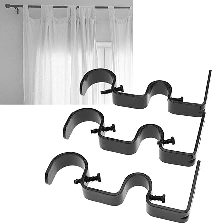 SING F LTD 3pcsSet Curtain Rod Bracket Kit with Screw Adjustable Double Pole Wall Mounted Holder Black