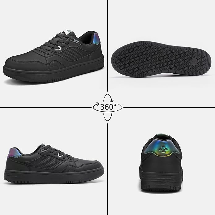 8.5 Men, 10 Women, SPIEZ Non Slip Work Shoes for Men Women, Slip & Oil Resistant Food Service Shoes, Lightweight Reflective Deign Kitchen Sneakers - Restaurants Floor to Streetwear Ready, Black US 4.5-13.5