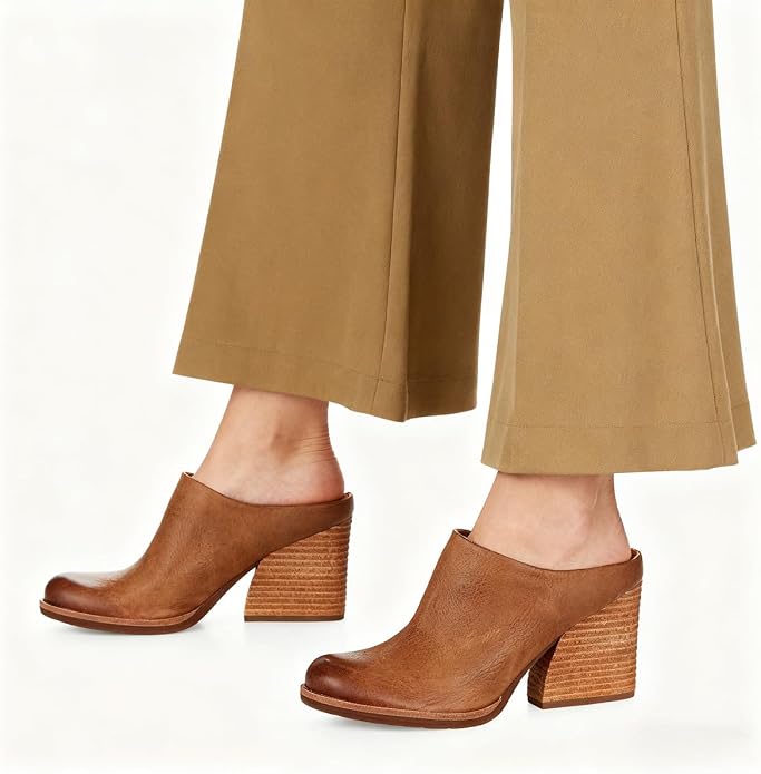 Dystralix Women Beige High Chunky Stacked Heel Mules Round Closed Toe Heeled Sandals Slip On Block Heels Matte Backless Booties Burnished Dressy Vintage Party Office Lady Slide Slippers Matte Brown size 8