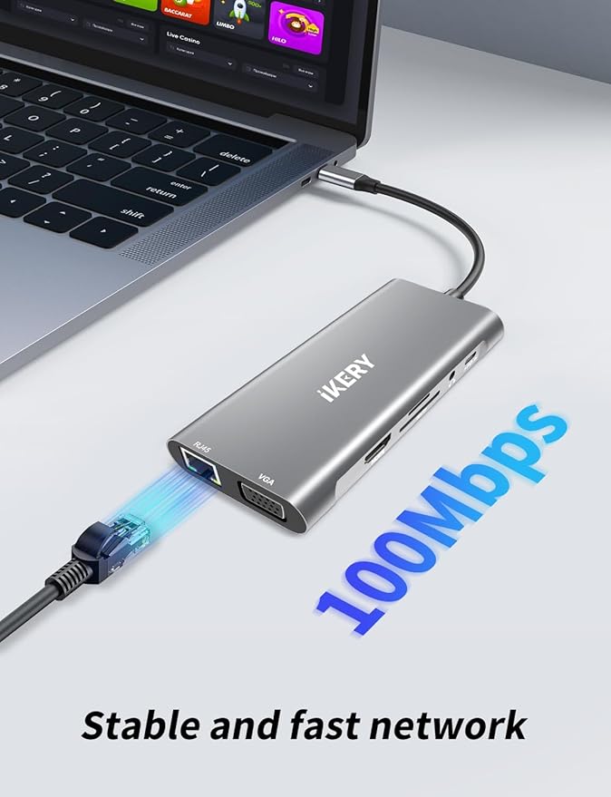 IKERY 11 in 1 USB C Hub, 4K HDMI & 1080P VGA, 100W PD Charging, RJ45 Ethernet, SD/TF Card Reader, 3.5mm Audio, USB 3.0/2.0 Ports for Laptop/MacBook Pro/Air