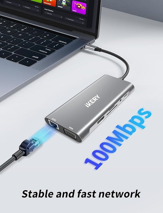 IKERY 11 in 1 USB C Hub, 4K HDMI & 1080P VGA, 100W PD Charging, RJ45 Ethernet, SD/TF Card Reader, 3.5mm Audio, USB 3.0/2.0 Ports for Laptop/MacBook Pro/Air