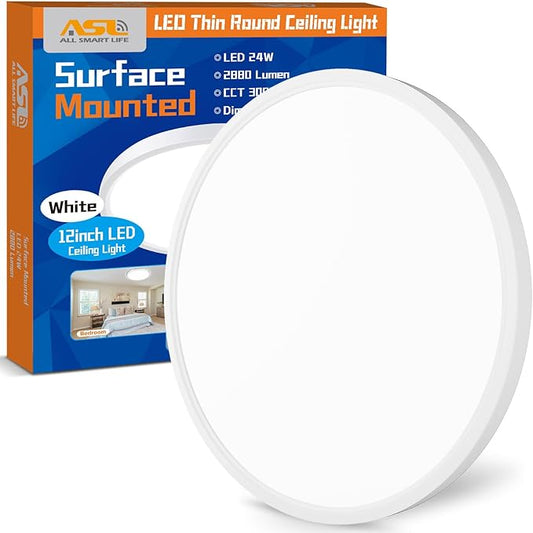Allsmartlife LED Flush Mount Ceiling Light Fixture, 12inch 24W 2880lm CCT 3000K4000K6500K Thin Round Flat Panel Light Surface Mount for Kitchen, Bedroom, Laundry. Dimmable Ceiling Lamp