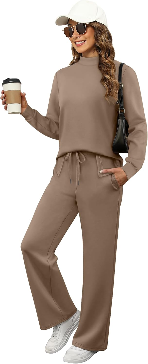 XIEERDUO Women's Side Slit Lounge Sets 2 Piece Outfits Mock Neck Tracksuit Fashion Sweatsuit Wide Leg Loungewear S-3XL