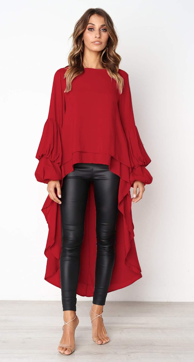 PRETTYGARDEN Women's Lantern Long Sleeve Round Neck High Low Asymmetrical Irregular Hem Casual Tops Blouse Shirt Dress