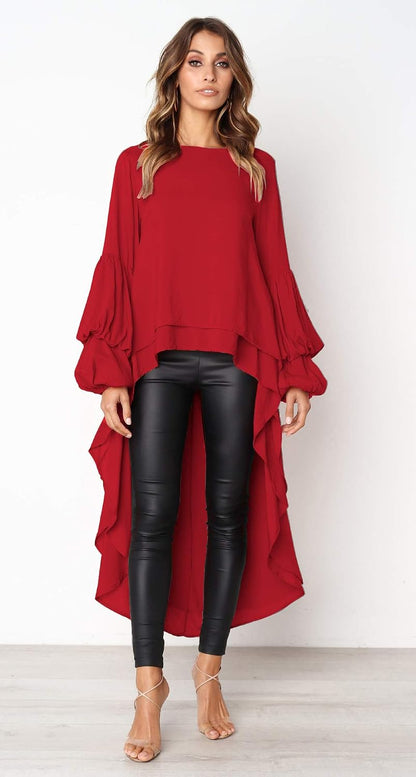 PRETTYGARDEN Women's Lantern Long Sleeve Round Neck High Low Asymmetrical Irregular Hem Casual Tops Blouse Shirt Dress
