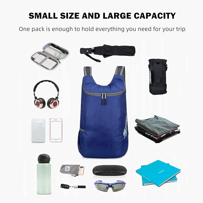 Kingsea Foldable Backpack, Lightweight and High Capacity Foldable Backpack for Travel, Camping, Hiking, Outdoor Sports, Dark Blue, Daypack Backpacks