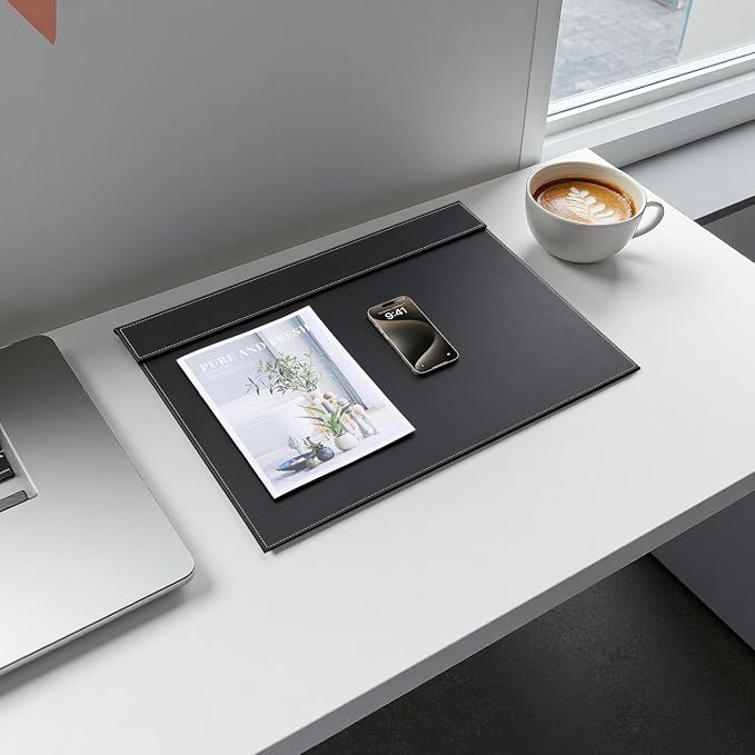 Ultra-Smooth PU Leather Desk Pad & Mat Office Desk Drawing & Writing Board A3/ A4 File Paper Clip Table Protector Mat on Top Large 24''x18'' (Black) (Item has minor cosmetic scratches)