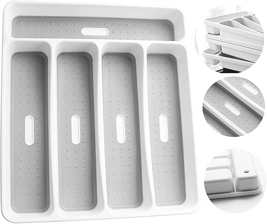 Classic Large Cutlery Tray, Silverware Tray for Drawer, 5 Compartment Flatware Organizer HolderDivider, Multi-Purpose Storage With Non-slip Rubber Feet for Kitchen, Office, Bathroom