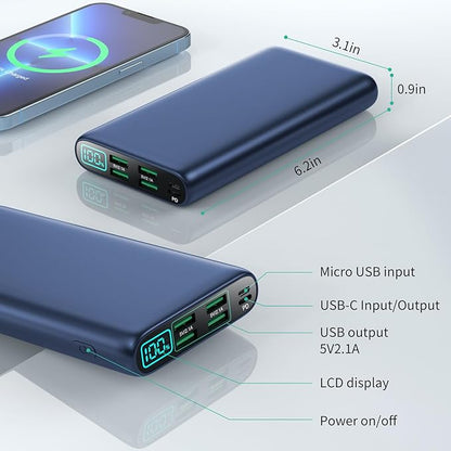 Portable Charger 38800mAh,LCD Display Power Bank,5 USB Outputs Battery Pack Backup,USB-C inout Dual Input Phone Charging Compatible with iPhone 16151413 Pro,Android Samsung Galaxy Pixel Nexus-Blue