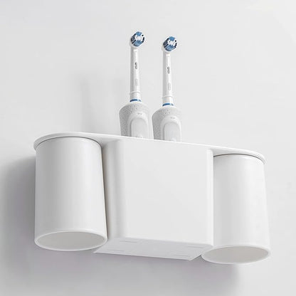 Wall-Mounted Toothbrush and Toothpaste Holder - Self-Draining Design, Easy Installation, Space-Saving, White (Double - Two Magnetic Cups)