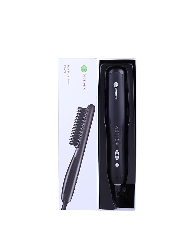 Prospera Fast Hair Straightener Brush Comb Ceramic Hair Straightener with 6 Temps, Auto-Off  Anti-Scald, PTC Heating Technology, Black
