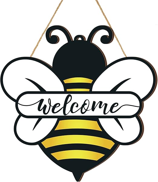 Shellwei Wood Welcome Sign, Bee Theme, Front Door Decor, 12 x 12 inches, Signage, Modern Style, Indoor & Outdoor Usage