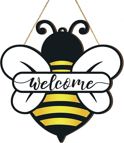 Shellwei Wood Welcome Sign, Bee Theme, Front Door Decor, 12 x 12 inches, Signage, Modern Style, Indoor & Outdoor Usage