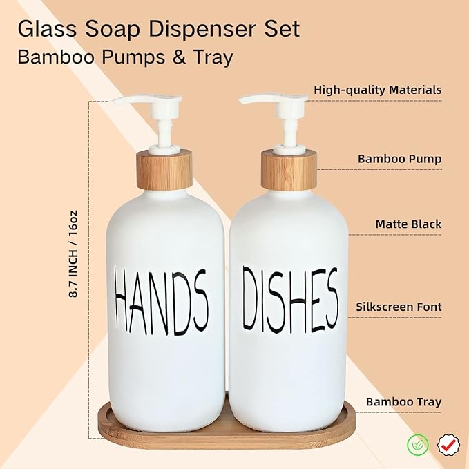 Glass Soap Dispenser Set - Hand Soap and Dish Soap Dispenser with Bamboo Tray. Vintage Soap Dispenser with Pump for Kitchen Sink and Bathroom. Stylish Permanent Labels (Matte White)