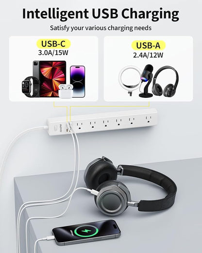 10-foot surge protection power strip, 7 outlets, 4 USB ports (2 USB C), ultra-thin flat extension cord and flat plug, 1700 joules, wall mount, charging station