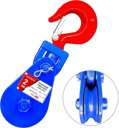 2 ton Snatch Block with Hook, 3" Sheave 38" Inch Wire Rope Snatch Block, 4400lbs Snatch Pulley for Rollback Wrecker Car Hauler Winch