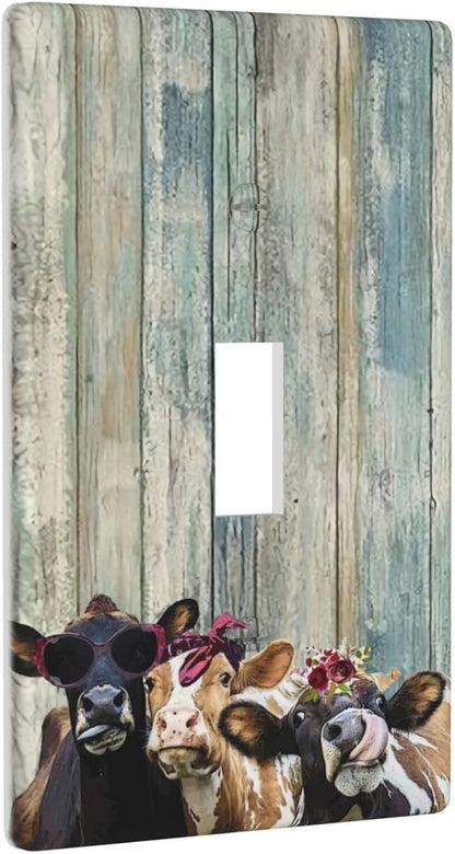 Rustic Board Farmhouse Cows 1 Gang Toggle Light Switch Plate Decorative Wall Plate Cover Decorative Wallplate Electrical Faceplate for Farm House Room Decor (Plastic)