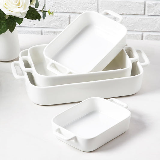 ONEMORE Casserole Dishes for Oven Baking Dishes SET OF 3,Ceramic Bakeware Sets with Handles for Cooking White , Microwave & Dishwasher Safe(7.5/11.2"/15.4") NOT A SET OF 4"
