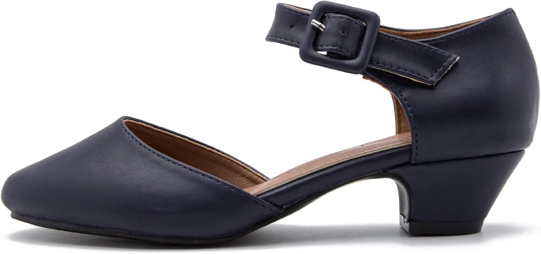 Enelauge Women's Navy Ankle Strap Closed Toe Low Chunky Heel Dress Work Pumps