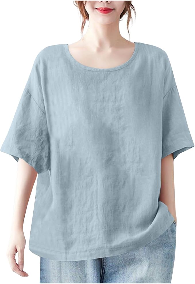 Women Fall Fashion T-Shirts Short Sleeve Oversized Casual Loose Crew Neck Tee Summer Outfits Peasant Blouse Top 2025