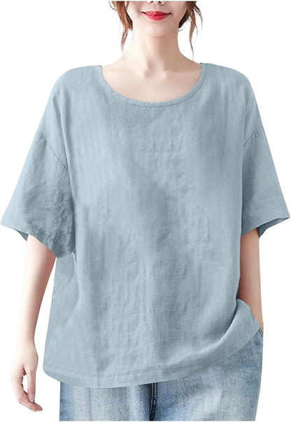 Women Fall Fashion T-Shirts Short Sleeve Oversized Casual Loose Crew Neck Tee Summer Outfits Peasant Blouse Top 2025