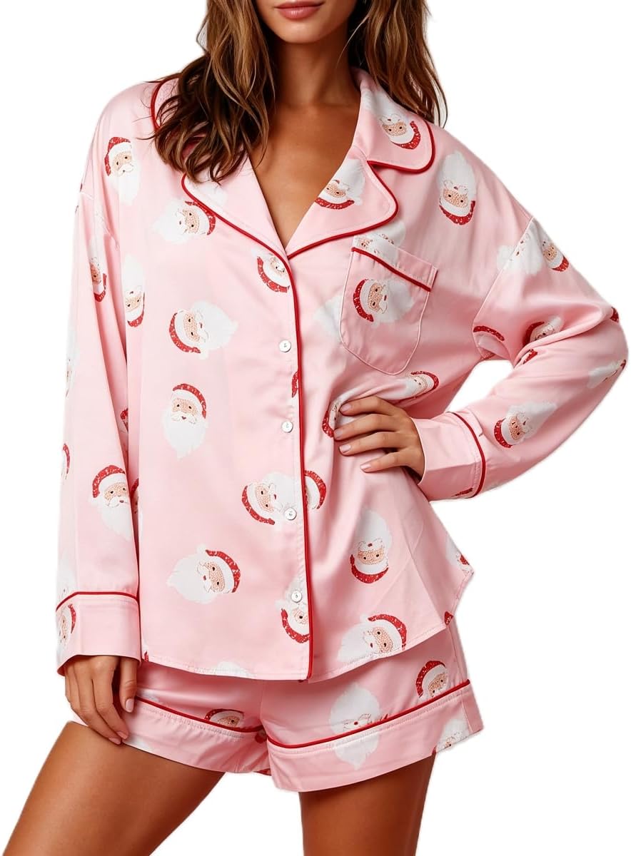 Women Christmas Pajamas Shorts Set Santa Claus Pjs Long Sleeve Button Down Shirt+Pants 2 Piece Xmas Jammies Loungewear