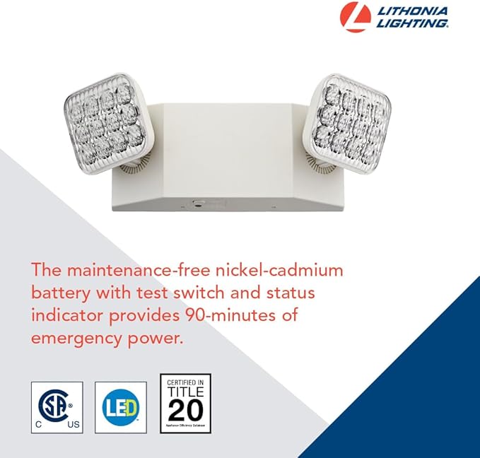 Lithonia Lighting Basics LED Emergency Light, Emergency Lighting with Dual Adjustable LED Lamp Heads, Wall Mount, Damp Location Rated, 90-Minute Backup, 120277V, White (EU2C M6)