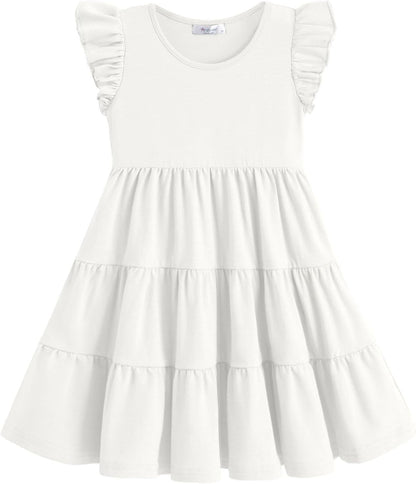 Toddler Dress Girls Summer Ruffle Sleeve Tiered Swing Midi Casual Sundress with Pockets