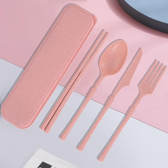 Reusable Travel Utensils Set with Case, Wheat Straw Portable Plastic Fork Spoon Knife Chopsticks Camping Cutlery, Eco-Friendly BPA Free Tableware Picnic Flatware for Kids Adults or Daily Use (Pink)