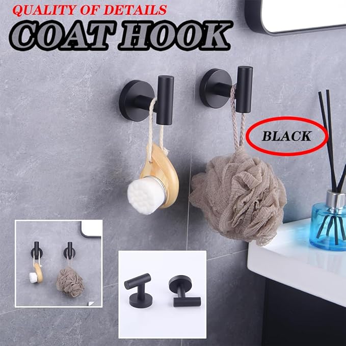 GERZWY Bathroom Matte Black Coat Hook SUS 304 Stainless Steel Single TowelRobe Clothes Hook for Bath Kitchen Contemporary Hotel Style Wall Mounted 2 Pack AG1107B-BK