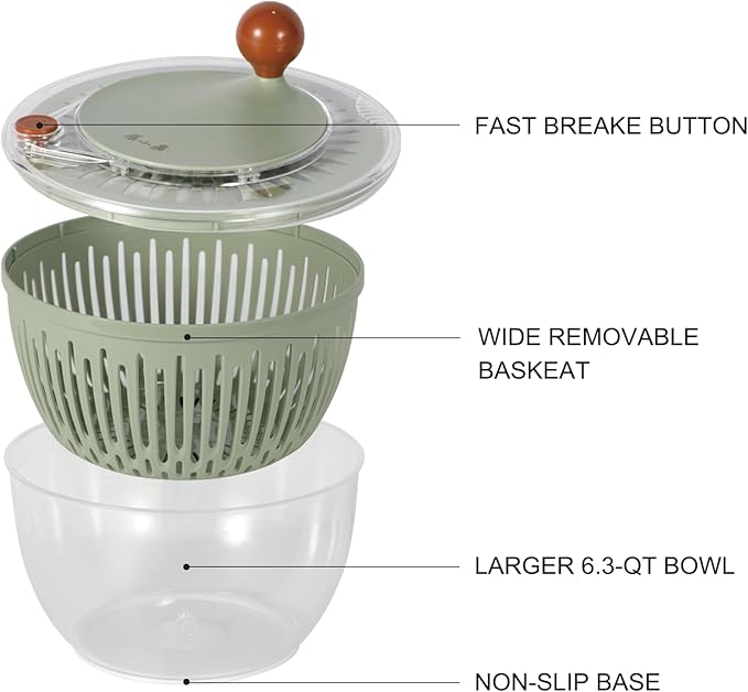 ZHANG XIAO QUAN SINCE 1628 Easy to use pro Pump Salad Spinner 6.3 qt with Bowl, Colander and Built in draining System Lettuce Spinner for Fresh, Crisp, Clean Salad and Produce