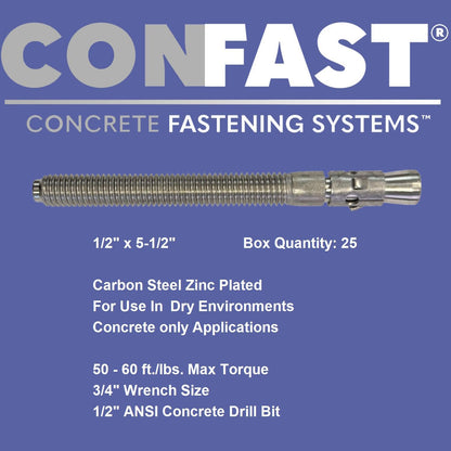 CONFAST 1/2" x 5-1/2" Wedge Anchor Zinc Plated (Box of 25)