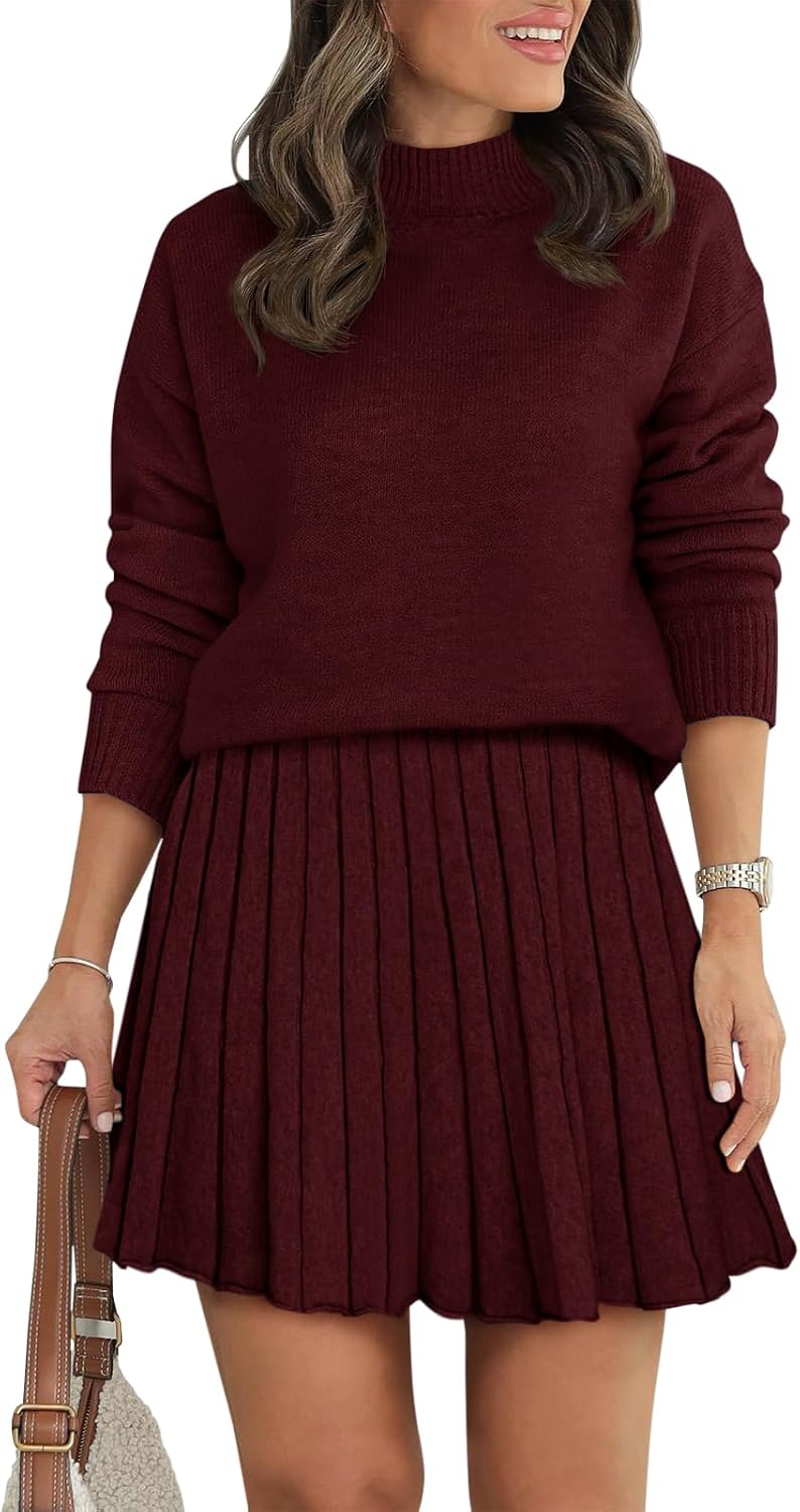 COCCKO Women's Two Piece Outfits Turtleneck Long Sleeve Ribbed Knit Tops Pleated Mini Skirt 2026 Casual Sweater Sets.