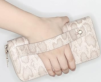 B BRENTANO Vegan Leather Double Zipper Pocket Wallet with Grip Hand Strap (Python Cream)