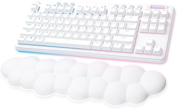 Logitech G715 Wireless Mechanical Gaming Keyboard with LIGHTSYNC RGB, LIGHTSPEED, Clicky Switches (GX Blue), and Keyboard Palm Rest, PCMac Compatible - White Mist