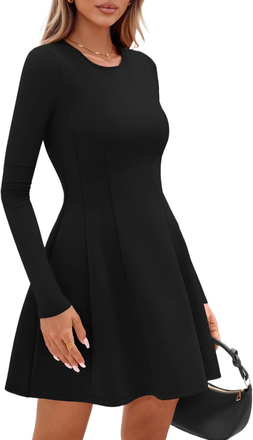 PRETTYGARDEN Long Sleeve Mini Dress for Women 2026 Spring Crewneck Knit Pleated Babydoll A Line Casual Short Party Dresses
