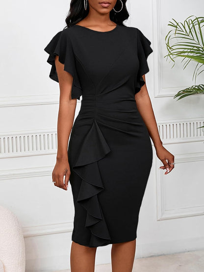 Women 2025 Summer Ruffle Short Sleeve Midi Dress Vintage Crew Neck Bodycon Pencil Dresses.