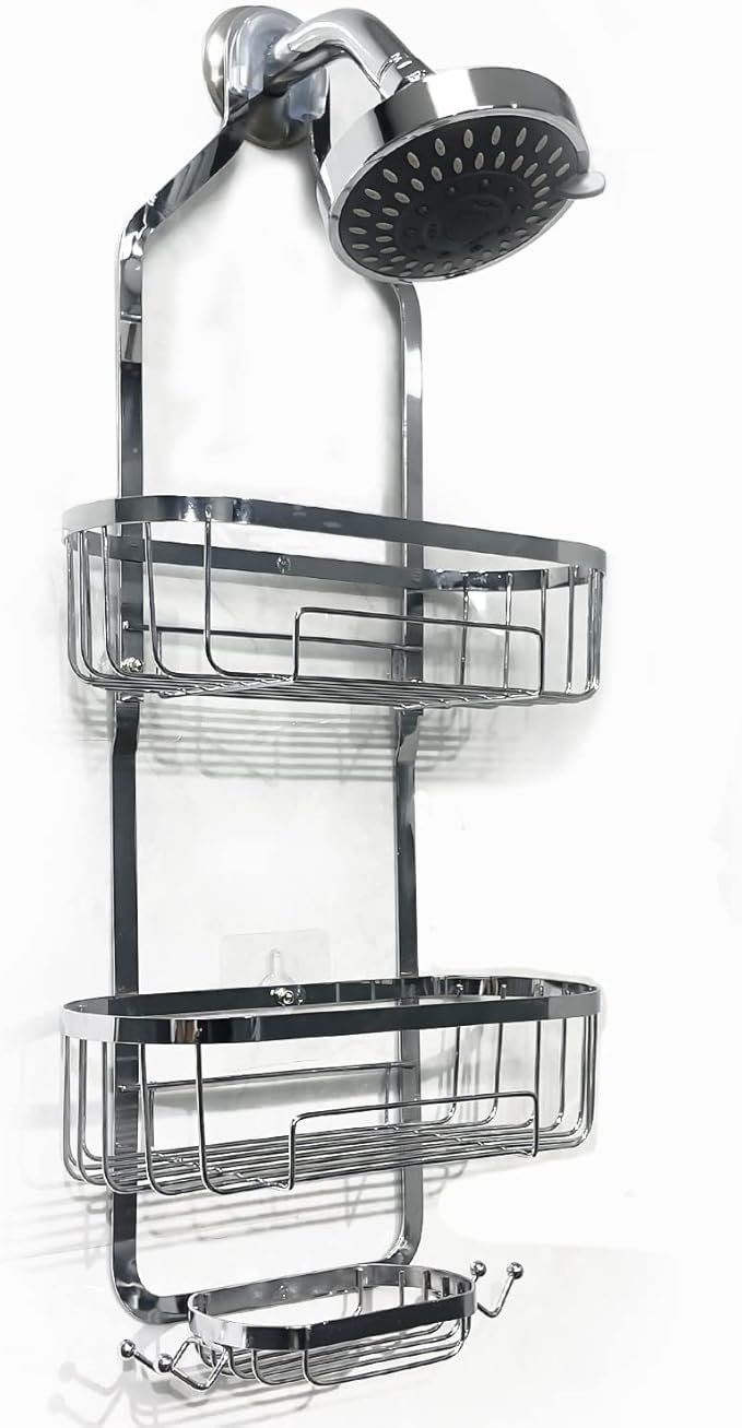 HOPOPRO Hanging Shower Organizer, Over Head Shower Caddy Bathroom Shower Storage Rack Basket with Hooks for Sponge or Towels No Drilling & Rustproof, Chrome