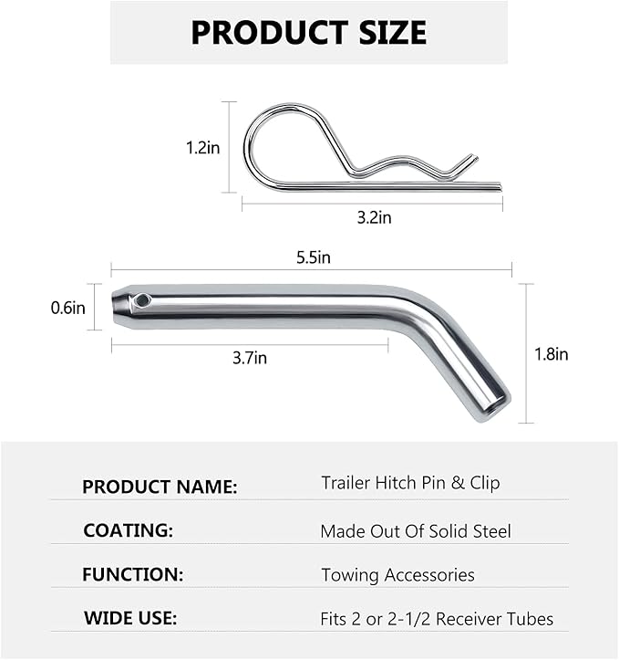 Cenipar Trailer Hitch Pin  Clip with Grooved Head, 58-Inch Diameter, Fits 2 or 2-12-Inch Receiver