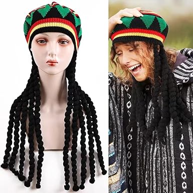 Unisex Rasta Wig Braids Hat Knitted Jamaican Rasta Beanie Cap with Dreadlocks Halloween Costume for Men Women
