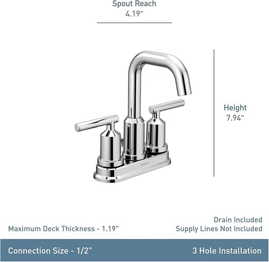 Moen Gibson Chrome Two-Handle Centerset High Arc Modern Bathroom Faucet with Drain Assembly, 6150