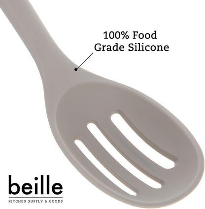 Beille 1pc Beech Wood and Slotted Silicone Cooking Spoon Kitchen Utensils Baking Supplies Home Essentials, Beige