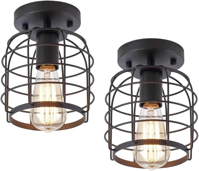 Create For Life Industrial Vintage Flush Mount Ceiling Light,Rustic Metal Cage Semi Flush Mount Ceiling Lamp Fixture for Hallway Stairway Kitchen Garage, E26, Black Finish,2 Pack