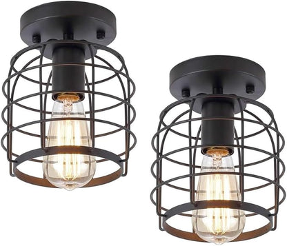 Create For Life Industrial Vintage Flush Mount Ceiling Light,Rustic Metal Cage Semi Flush Mount Ceiling Lamp Fixture for Hallway Stairway Kitchen Garage, E26, Black Finish,2 Pack