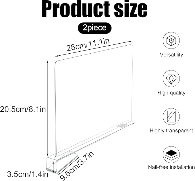 2 Pack Acrylic Shelf Dividers for Closet Organization, Adjustable Clear Clothes Purse Dividers for Closet, Shelf Separators in Closet Vertical Organizers for Sweater Storage