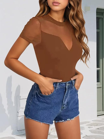 Jenbou Women's Sexy Mesh Cutout V Short Sleeve Shirts Sheer Turtle Neck Body Suits Leotard Going Out Bodysuits Tops